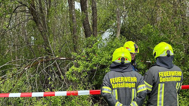 Feuerwehrleute sichern die Unglücksstelle bei Deißlingen am Ostermontag. Im Hintergrund ist die einmotorige Maschine zu sehen.