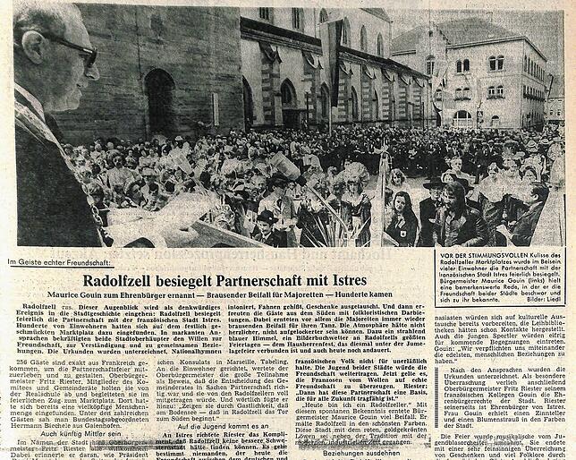 Am 21. Juli 1975 berichtete der SÜDKURIER von der Unterzeichnung der Partnerschaftsurkunde am Radolfzeller Hausherrenfest.