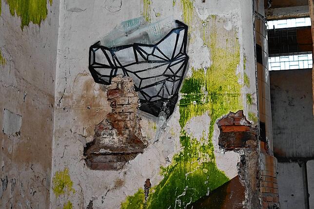 Kunst am Bau oder Graffiti-Überbleibsel eines alten Einbruchs? Momentan sieht eine Wand im Mitteltrakt noch so aus.