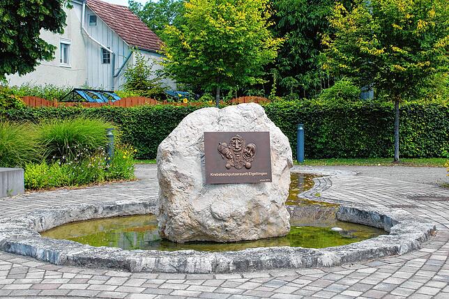Die Narren sind hier das ganze Jahr präsent. Dieser Findling mit Schild steht vor dem Rathaus.