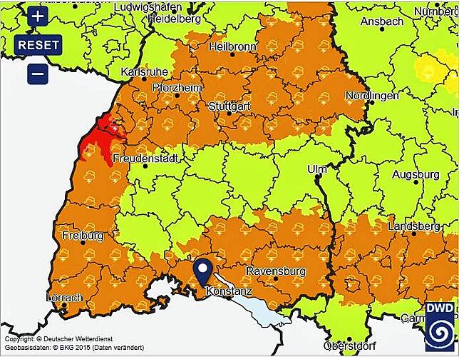 In weiten Teilen der Region drohen Unwetter, wie diese Karte des deutschen Wetterdienstes (Stand: 14.15 Uhr) zeigt.