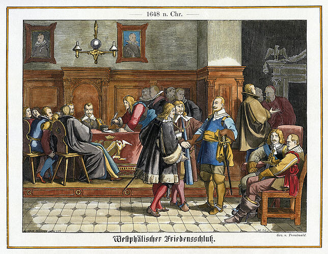 Gesandte der bisher gegnerischen Lager reichen sich beim Westfälischen Friedensschluss in Osnabrück 1648 die Hand.
