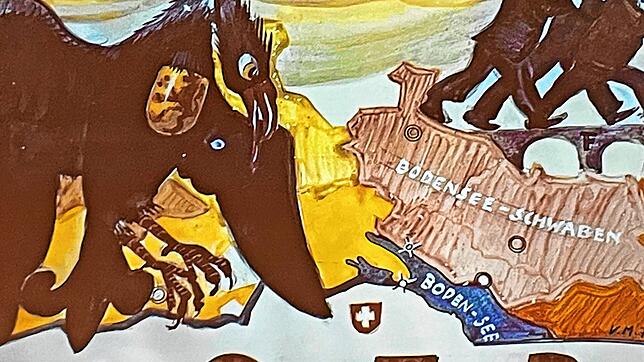 Der stolze Adler am Haken und die Stadt Überlingen von der Landkarte gestrichen: Karikatur von Viktor Mezger im Narrenbuch der Zunft.