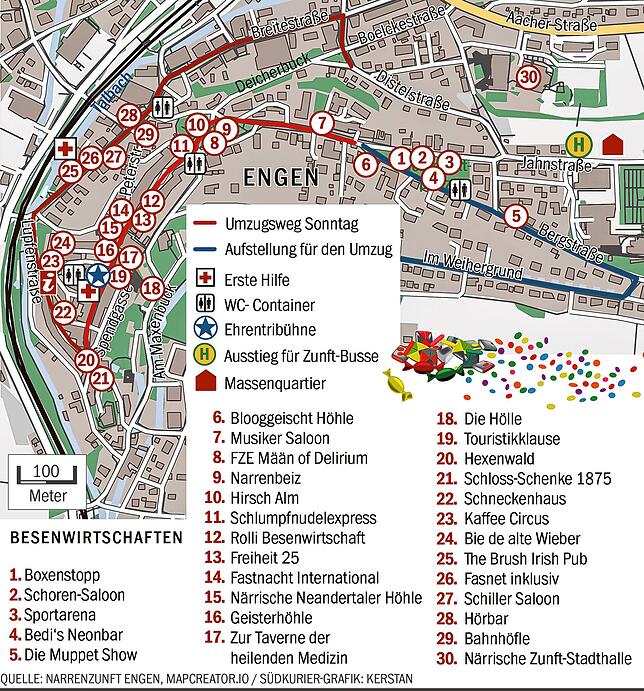 Die Grafik zeigt die Lage der Besenwirtschaften, den Umzugsweg und weiterer wichtiger Anlaufpunkte für das bevorstehende Engener ...