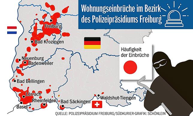 Auch die Auswertung im Jahr 2018 im Bereich des Polizeipräsidiums Freiburg zeigt, dass besonders in der Nähe zur Französischen Grenze ...