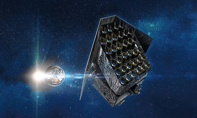 Die europäische Forschungssonde Plato, die Millionen von Sternen untersuchen soll. Die Solarpaneelen, die wie ein Dach auf der Sonde ...
