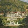 Eine gemalte Gesamtansicht zeigt das Lungensanatorium St. Blasien und den prachtvollen Garten im Vordergrund.