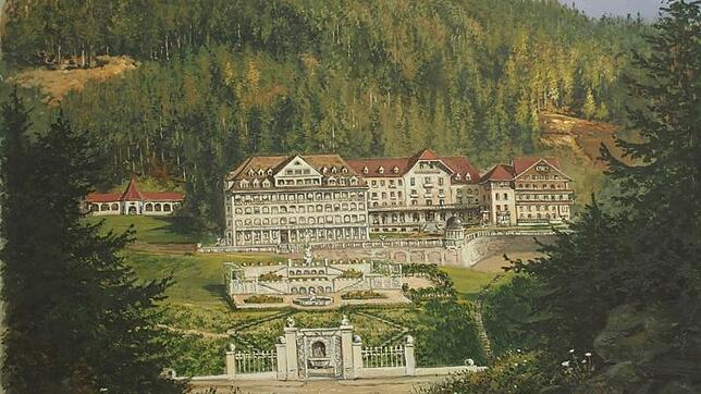 Eine gemalte Gesamtansicht zeigt das Lungensanatorium St. Blasien und den prachtvollen Garten im Vordergrund.