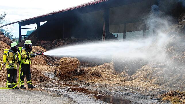 Scheunenbrand in Bernau-Goldbach: Hackschnitzel und Stroh in einer Scheune brennen. 140 Feuerwehrleute sind im Einsatz.