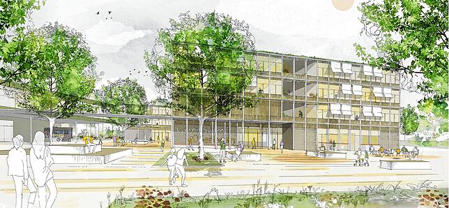 Die Ansicht vom neuen großen Schulhof aus betrachtet. Links im Bild der bestehende Musentrakt.