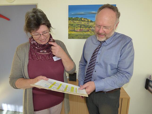 Heike Knorr und Heinrich Lang schauen sich den Personalplan an.