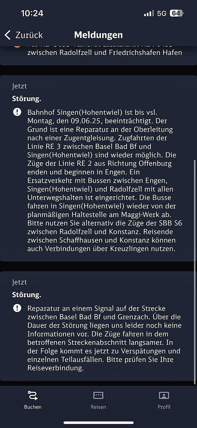 In der Deutschen Bahn App wird darauf hingewiesen, dass es zu Verspätungen auf der Hochrhein-Strecke kommen kann. Zwischen Basel Bad und ...