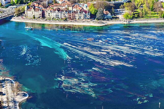 Die Algen, das niedrige Wasser und die Strömung zeichnen an der Seestraße faszinierende Formen in den Bodensee. Was am Ufer teilweise ...