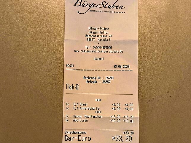33,20 kostet uns der Mittagstisch in den Bürgerstuben. Ein fairer Preis für zwei Gerichte in top Qualität inklusive zweier großer Getränke.