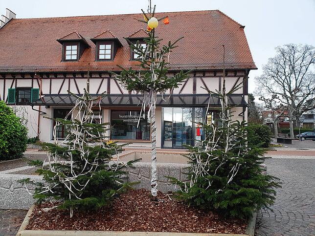 So wie an der Tourist-Information finden sich in Immenstaad im ganzen Dorf kleine Narrenbäumchen, die einmal Weihnachtsbäume waren.