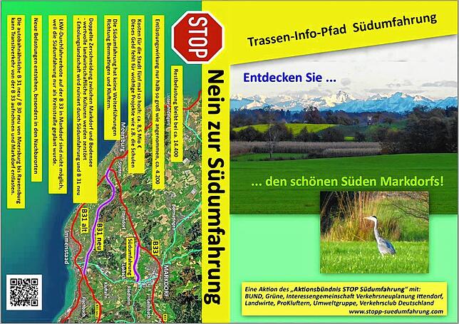 Ein Flyer der Initiative gegen die Südumfahrung Markdorf, wie sie am Infopfad im Süden der Stadt Markdorf zur Verfügung gestellt werden.