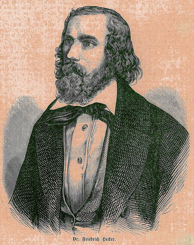 Der Schwarz-Weiß-Stich aus der “Illustrierten Chronik„, Jahrgang 1848, zeigt den Revolutionär Friedrich Hecker.