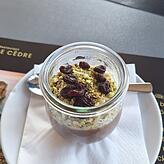 Meghli: libanesischer Reis-Gewürz-Pudding mit einem Topping aus Kokosraspeln, Pistazien, Mandelsplittern und Rosinen.