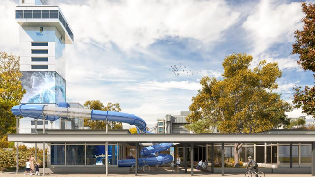 So soll die neue Rutschbahn in der Therme Bad Zurzach aussehen. Dahinter sieht man den kleinen, neuen Turm und den großen Turm von Bad ...