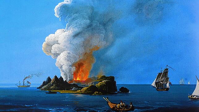 Die Insel Ferdinandea in einer zeitgenössischen Darstellung von Camillo de Vito (1790-1835).