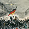 Historisches Bild zur Märzrevolution 1848; jubelnde Revolutionäre nach Barrikadenkämpfen am 18./19. März 1848 in der Breiten Straße in ...