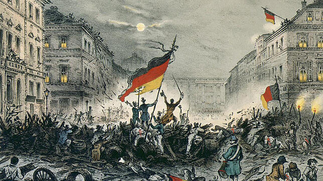 Historisches Bild zur Märzrevolution 1848; jubelnde Revolutionäre nach Barrikadenkämpfen am 18./19. März 1848 in der Breiten Straße in ...