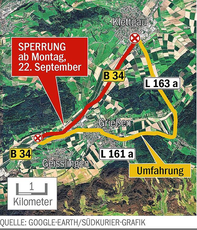 Der gesperrte B-34-Streckenabschnitt und die Umleitung in der Zeit zwischen dem 22. September und Mitte Oktober.