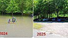 Die Waldshuter Schmittenau: Zu sehen ist die Straße, die zum Schwimmbad führt, links im Jahr 2024. Rechts der gleiche Ort ein Jahr später.
