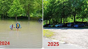 Die Waldshuter Schmittenau: Zu sehen ist die Straße, die zum Schwimmbad führt, links im Jahr 2024. Rechts der gleiche Ort ein Jahr später.