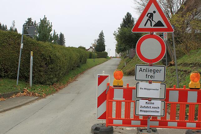 Die Regelung, dass die Möggenweilerstraße lediglich für Anlieger frei ist, gilt weiterhin. Links die Thujahecke des Friedhofs, hinten ...
