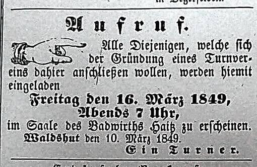 Dieses Inserat im Waldshuter Intelligenzblatt war erfolgreich: Der Turnverein Waldshut wurde 1849 gegründet.