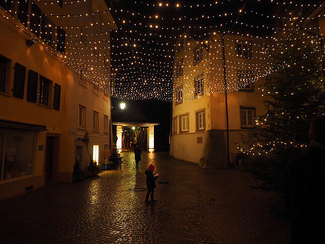 So sieht es in der Rheinbrückstraße beim Hallwyler Hof zur Weihnachtszeit aus, seit dort ein Lichterhimmel angeschafft wurde.