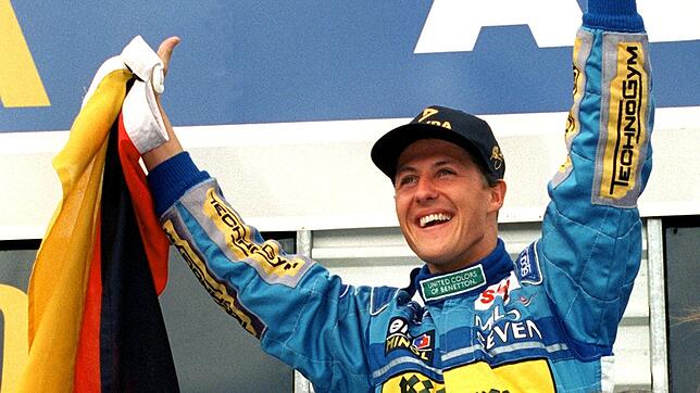 Nicht in Ferrari-Rot, sondern in Bennetton-Blau jubelte Michael Schumacher über seinen ersten Triumph in der Formel 1.