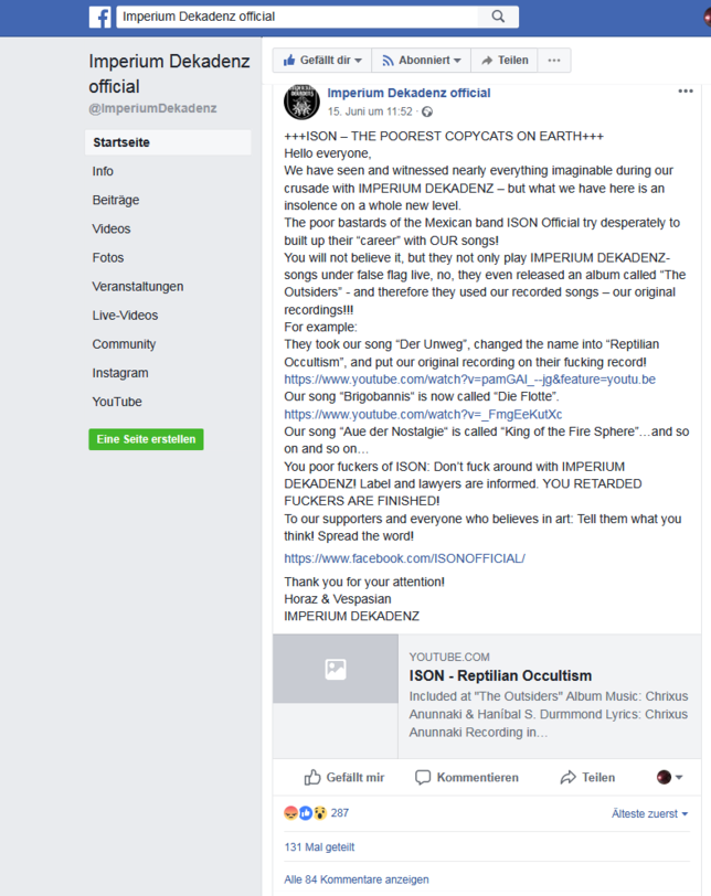Screenshot des wütenden Facebook-Eintrags der Band Imperium Dekadenz, in dem Sie den Diebstahl öffentlich gemacht haben.