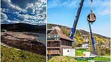 Ein Grund für das Niedrigwasser am Schluchsee (links) sind Bau- und Sanierungsmaßnahmen in Waldshut am Rhein.