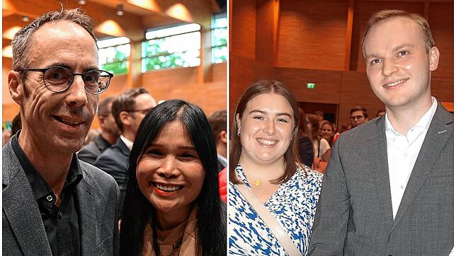 Frank Harsch mit seiner Partnerin Thanaporn Reihle (linkes Bild) und Tim Strobel mit seiner Partnerin Farah Maktoul: Zwei ungleiche ...