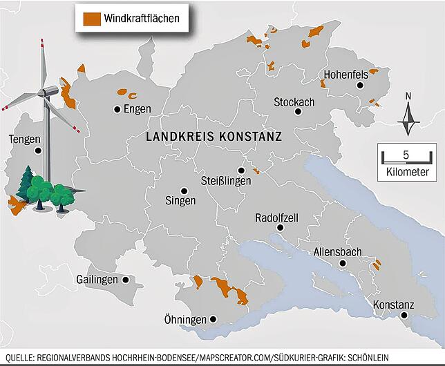 Hier könnten im Landkreis Konstanz Windkraftanlagen entstehen, unter anderem links und rechts der Landesstraße zwischen Wollmatingen und ...