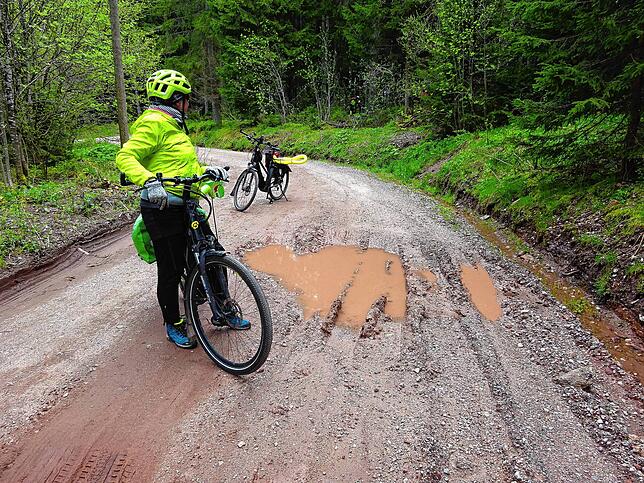 Von schweren Forstfahrzeugen zerfurchter Radweg, wenig Genuss, viel Verdruss.
