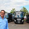 Reiseveranstalter Matthäus Kögel vor seiner Busflotte. Viele Monate stand hier alles still, doch nun werden die Busse wieder mit ...