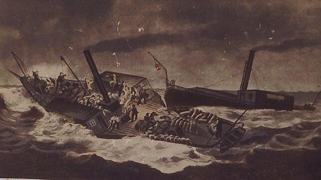 1861 auf dem Bodensee: Die "Stadt Zürich" (rechts) rammt in einem Sturm den Dampfer "Ludwig" mittschiffs. Dieser sinkt binnen weniger ...
