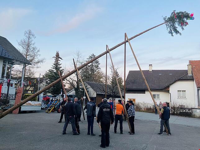 Vor dem Bürgerhaus wird der Narrenbaum gestellt.