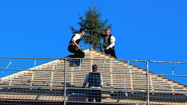 Das Gebäude des Fasnachtsmuseums steht, jetzt wurde Richtfest gefeiert. Zimmerer brachten die traditionelle Tanne aufs Dach.