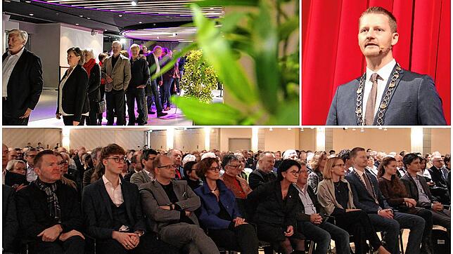 Lange Schlangen beim Einlass zum Neujahrsempfang der Stadt Radolfzell im Milchwerk. OB Simon Gröger gibt vor dem gut gefüllten Milchwerk ...