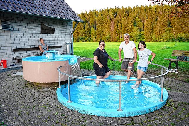 Alina Gorodan, Beate Bofinger, Johann Gorodan und Kasia Faller aus Bräunlingen genießen den Abend an der Kneipp-Anlage ...