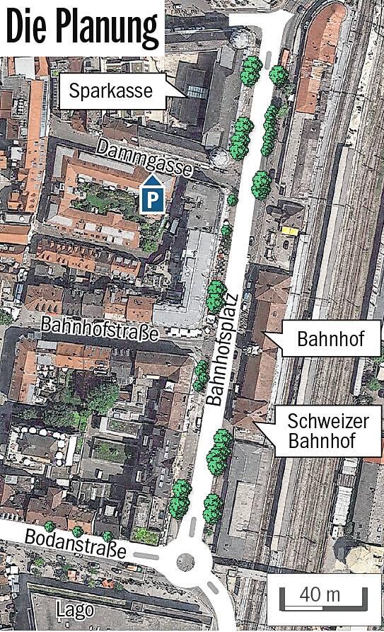 Die Arbeiten für den Lago-Kreisel (unten im Bild) haben bereits begonnen. Bald folgt die Umgestaltung des Bahnhofplatzes.