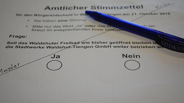 Auch, wenn hier nur ein Muster gezeigt wird – mit solchen Stimmzetteln besiegeln die Bürger das Schicksal des Waldshuter Freibads.