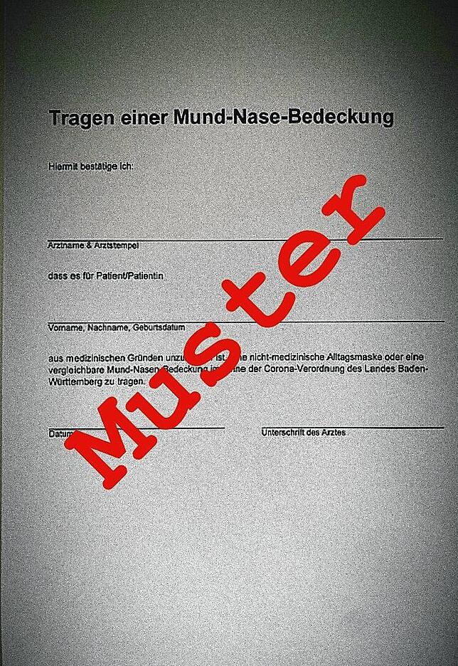 Dieses Attest empfiehlt die Kassenärztliche Vereinigung Baden-Württemberg Ärzten zur Ausstellung einer Maskenbefreiung aus ...