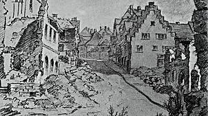 So hat Donaueschingen noch 1947 ausgesehen: die Zeppelinstraße. Die Zeichnung stammt von W.Merz-Ziegler und liegt im Donaueschinger ...