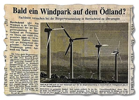 Zeitungsausschnitt SÜDKURIER vom 28. Februar 2000: Damals war das Thema Windräder auf dem Ödland schon einmal aktuell. Der damalige ...