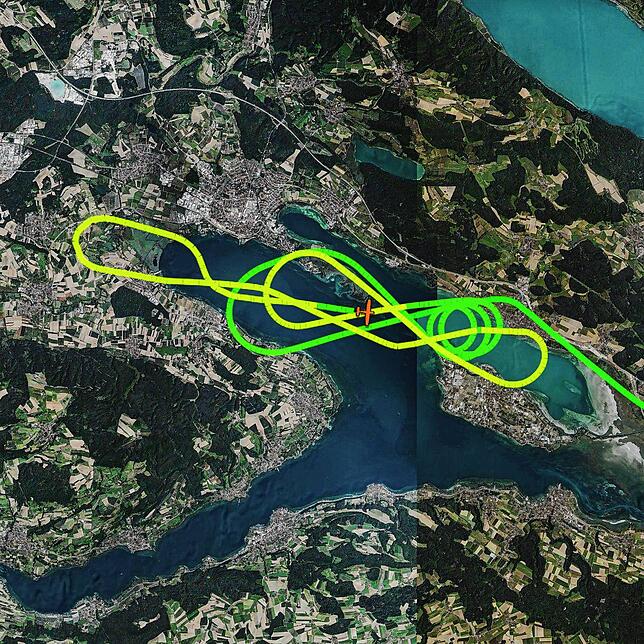 Hier sieht man die Luftbewegungen über dem Gnadensee, wie sie die Flugradar-App aufgezeichnet hat.